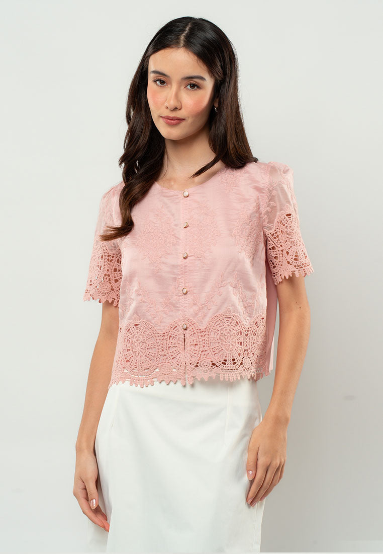 Giselle Lace-Appliqué Short-Sleeve Top