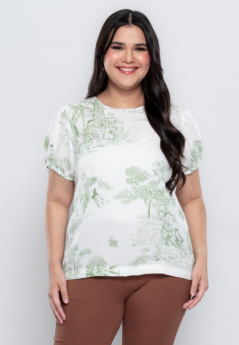 Milly Plus Size Viviana Gartered Sleeve Top in Graphic Nature Print