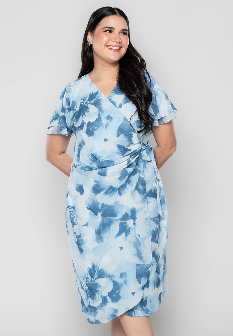 Milly Plus Size Martine Full Floral Digital Wrap Dress with Gathered Detail