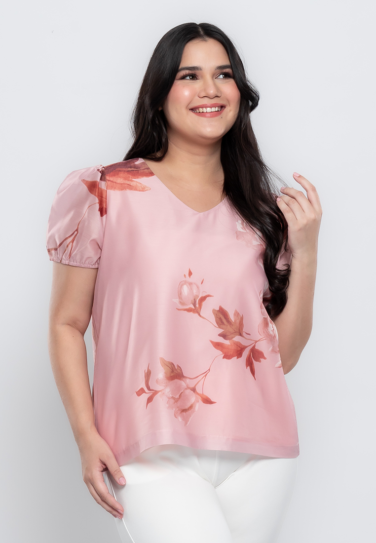Milly Plus Size Cianna V-neck Floral Top with Gartered sleeves