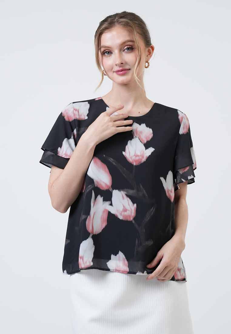 Ivy Tulip Print Double-Flutter Top