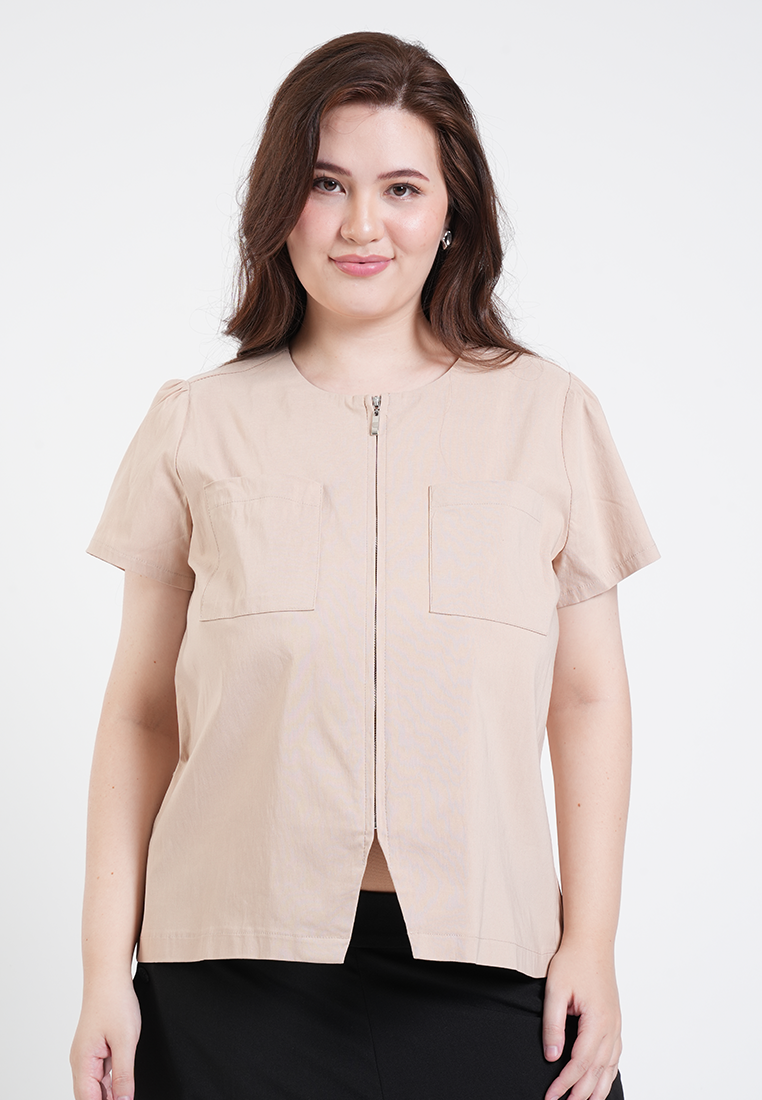 Milly Plus Size Angie Zip-Front Shelly Short Sleeve Top