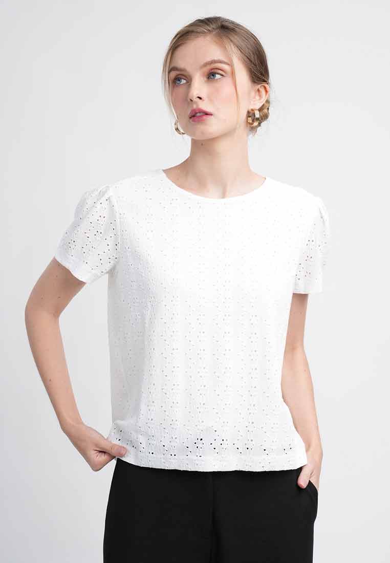 Helena Lace-Textured Puff-Sleeve Top