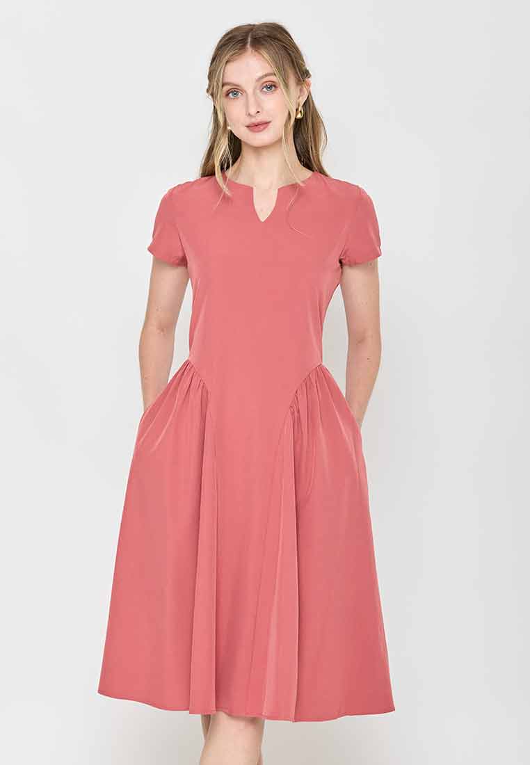 Jazmin Short Sleeves A-Line Dress with Pleats
