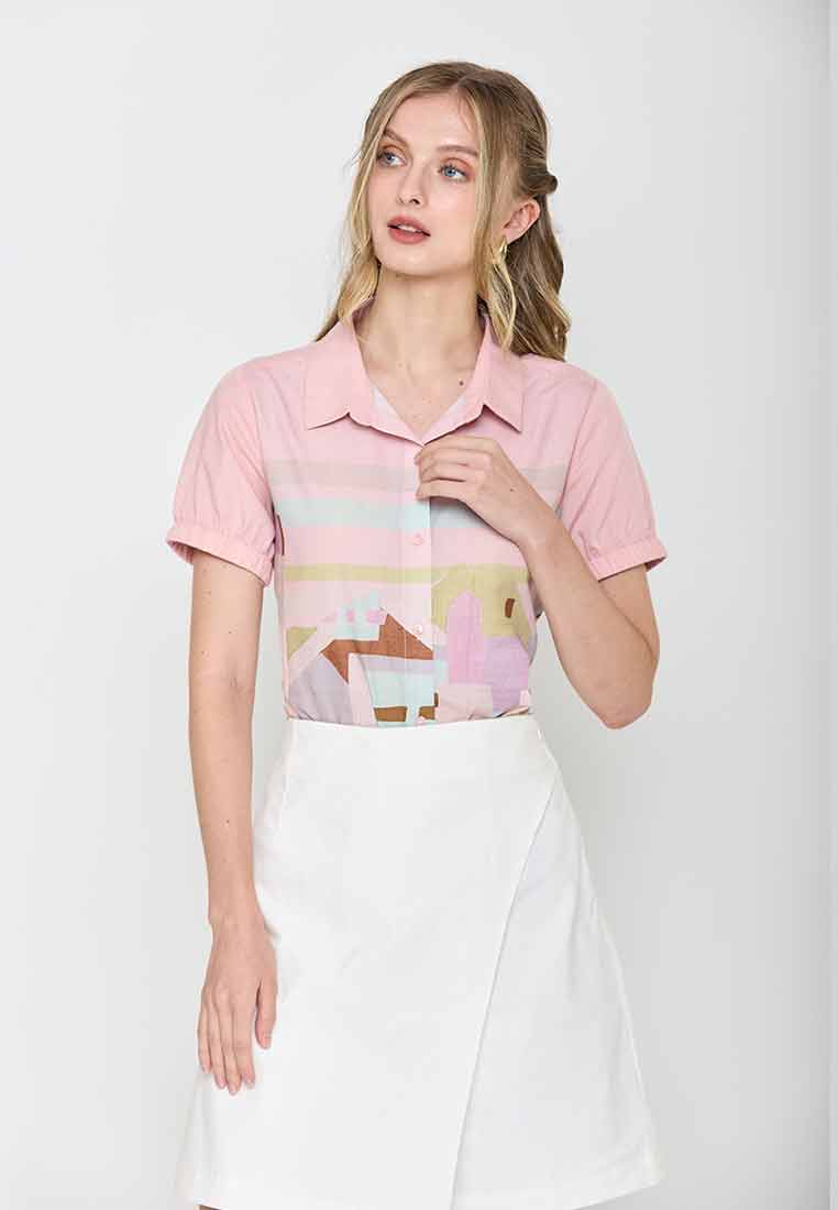 Scaela Collared Top in Cityscape Print