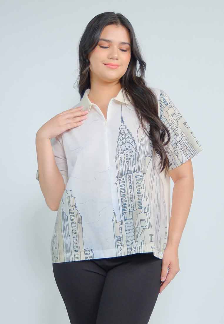 Milly Plus Size Lovenia Collared Top in Cityscape Print