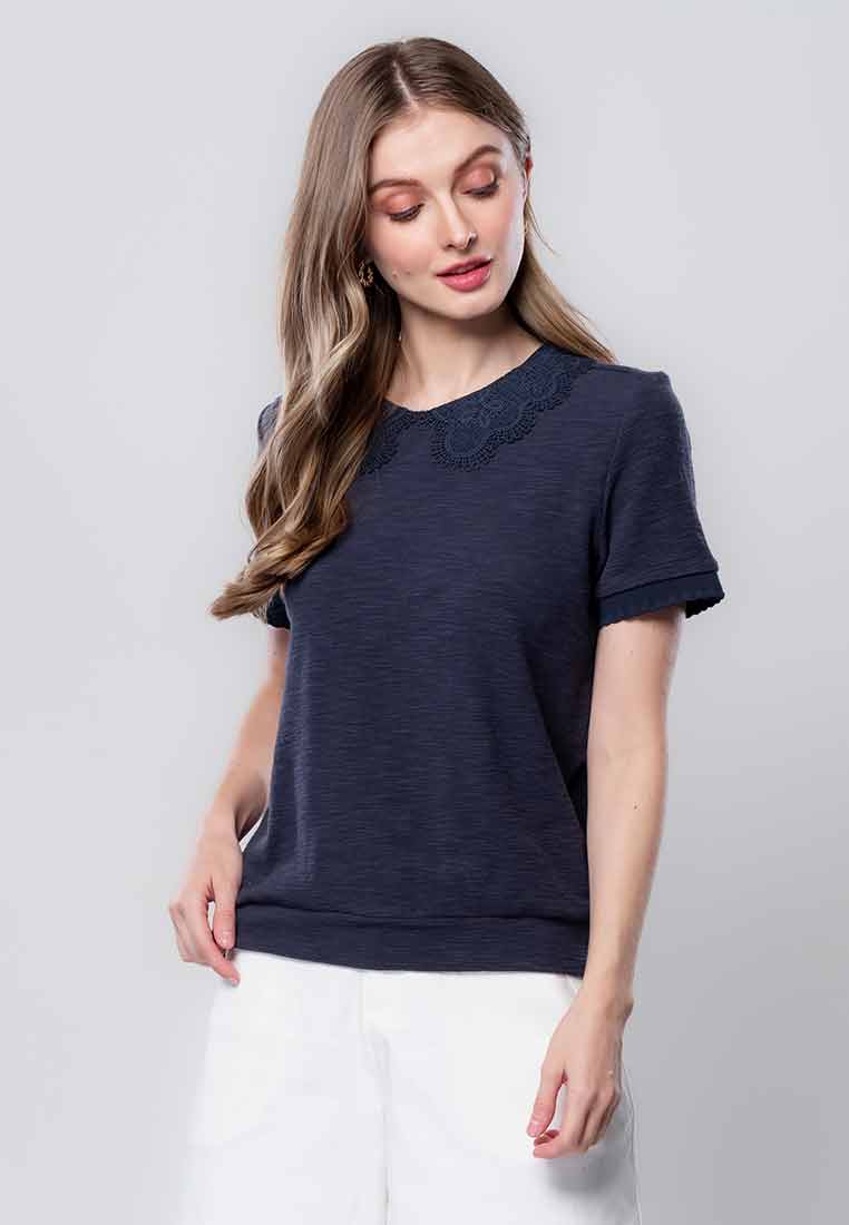 Calielle Knitted Top with Lace Collar and Scalloped Sleeve Ribbing