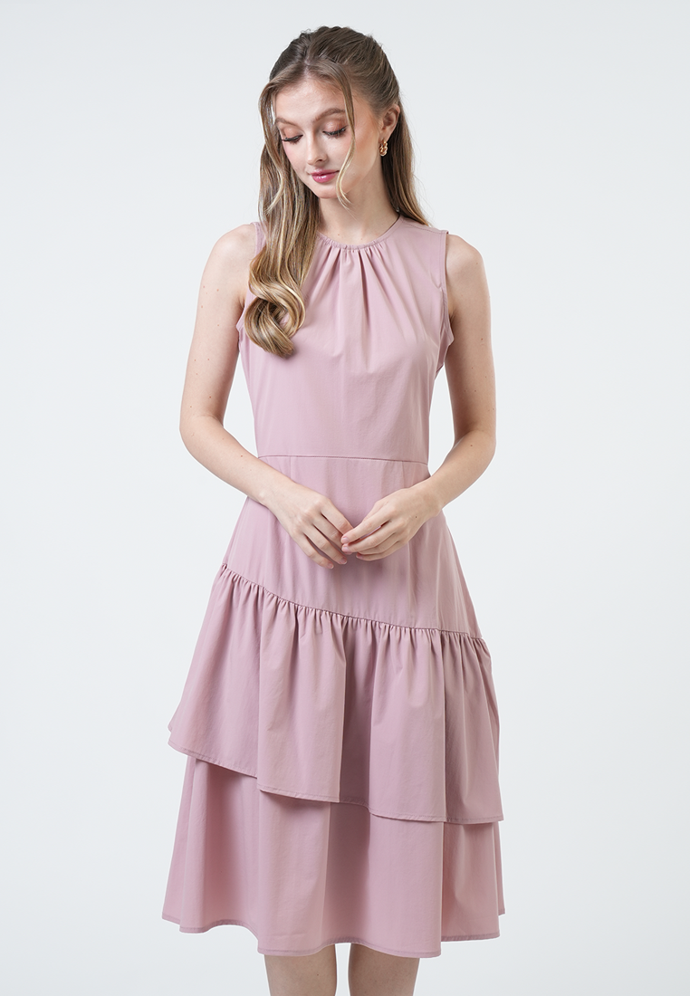 Caroline Asymmetric Ruffle Midi Dress