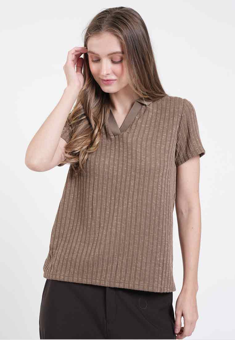 Cara V Neck Ribbed Polo Knit Top