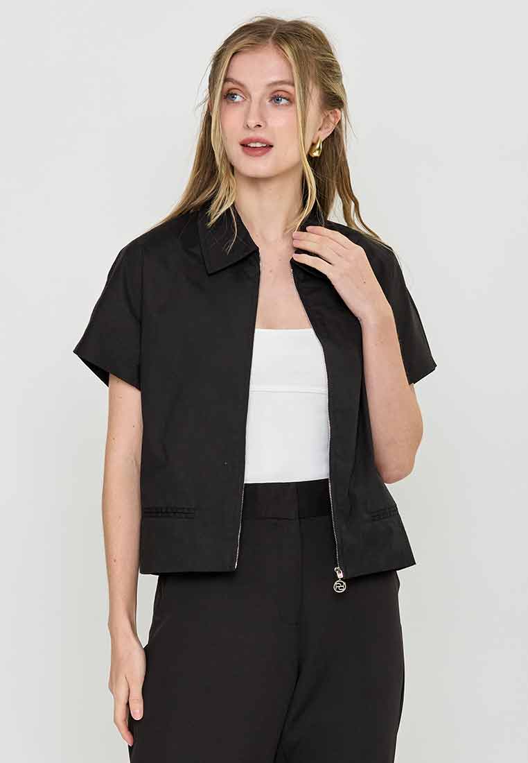 Elyse Extended Sleeve Collared Top with Front Zipper Opening
