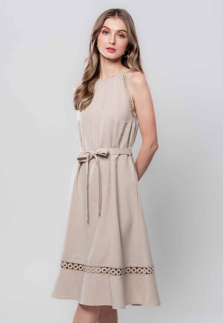 Rosaline Halter Sleeveless Dress with Trimming Detail and Sash Belt