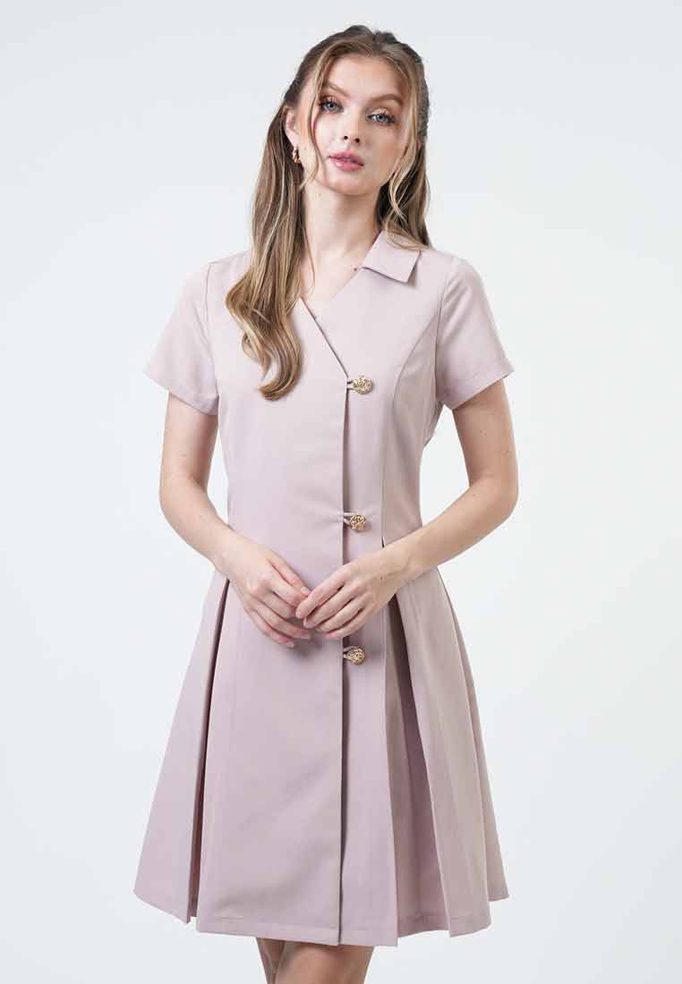 Marlowe Asymmetric Pleated Button-Front Dres