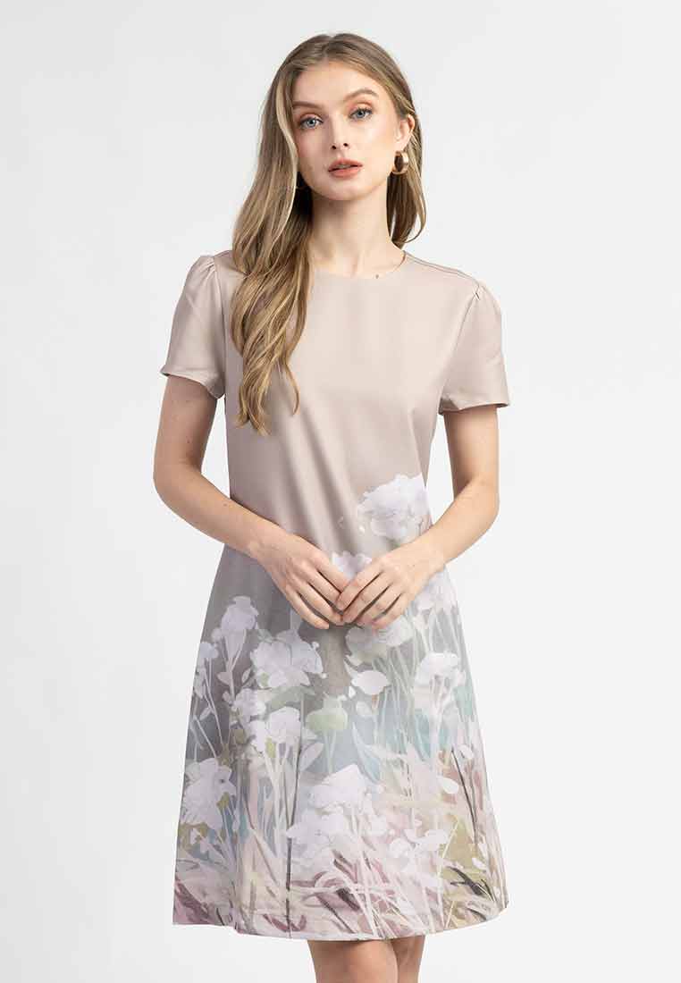 Iris Round Neck Floral Border A-Line Dress