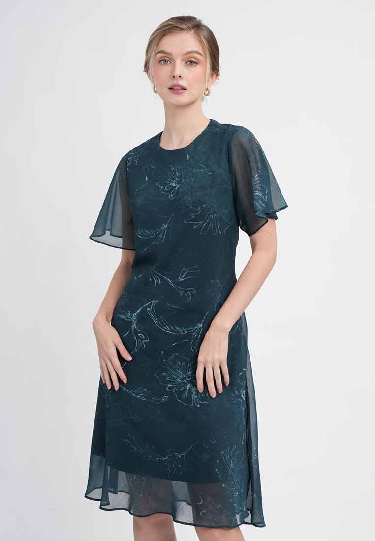 Valina Sheer Overlay Mock-Neck Chiffon Dress