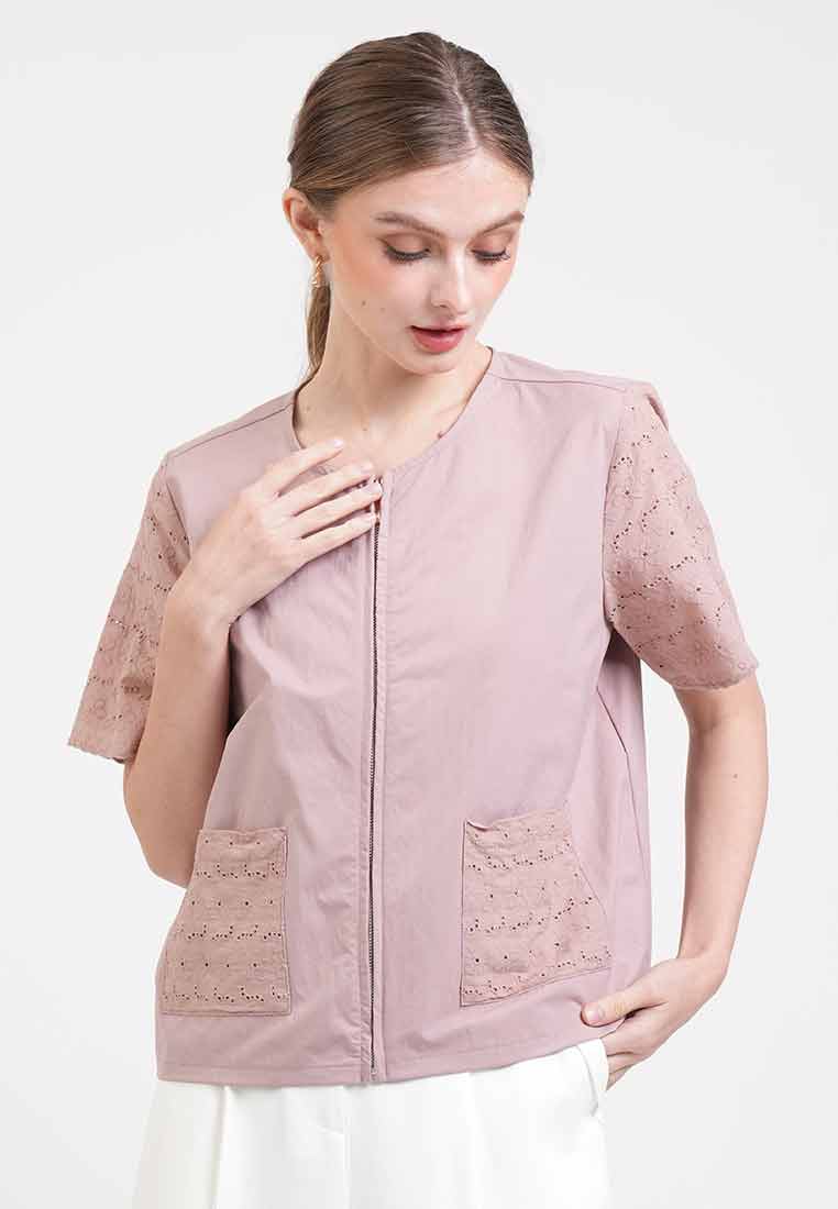 Georgina Eyelet Accent Zip-Up Top