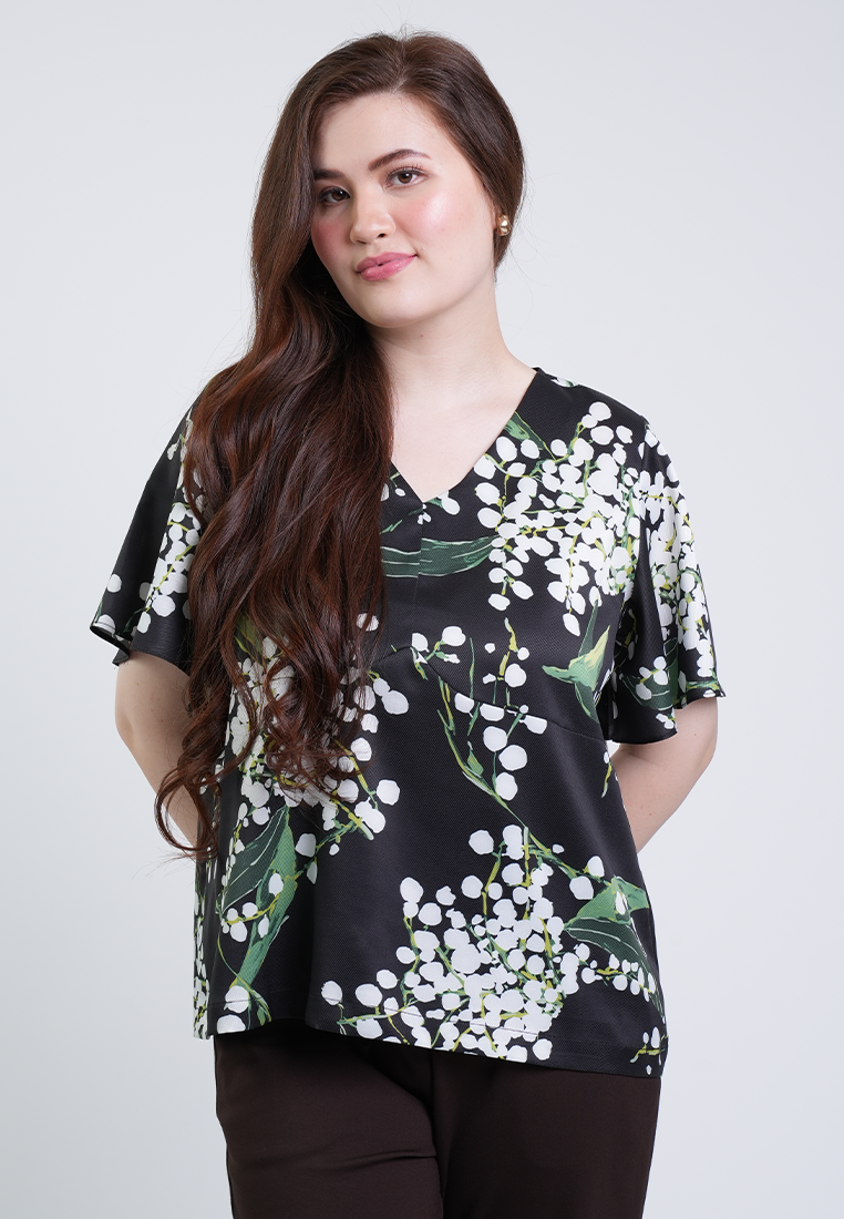 Milly Plus Size Cleah V-Neck Floral Top with Flowy Sleeves