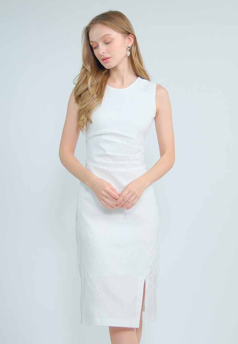 Aurenya Textured Sleeveless Dress with Pleated Waist Detail