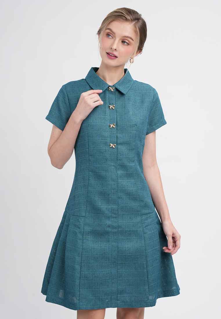 Zia Collared Fit-and-Flare Mini Dress with Bow Buttons – Paperdolls
