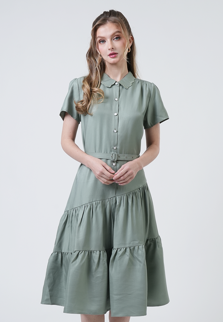 Aztrid Scallop Collar Tiered Midi Dress