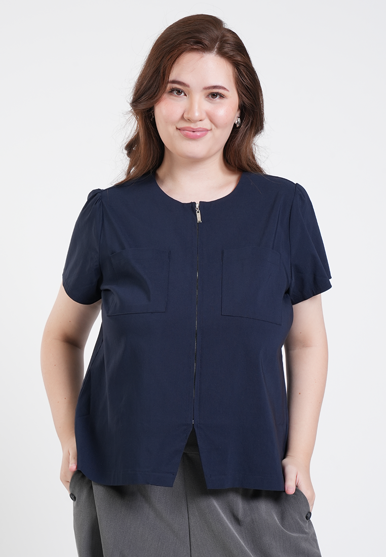 Milly Plus Size Angie Zip-Front Shelly Short Sleeve Top