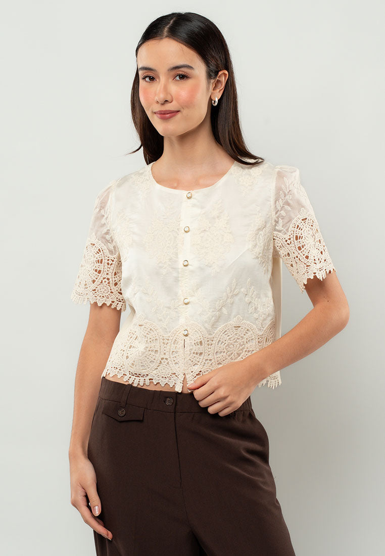 Giselle Lace-Appliqué Short-Sleeve Top