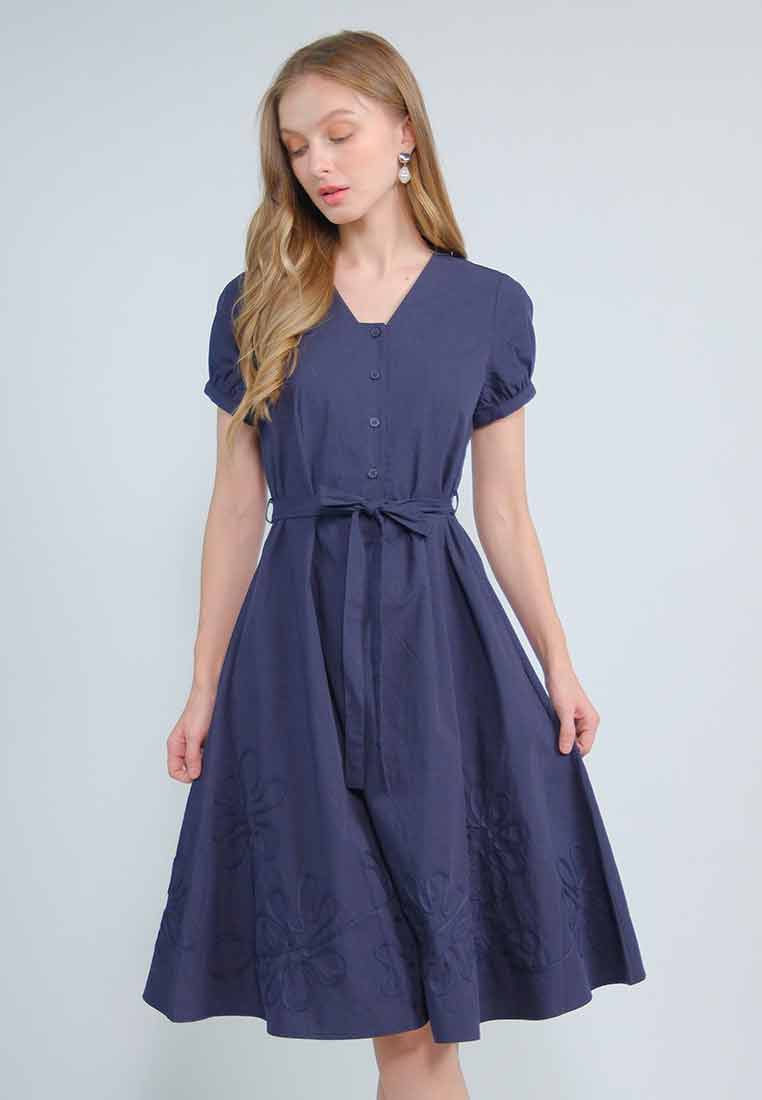 Zephira Embroidered A-line Dress with Sash Belt