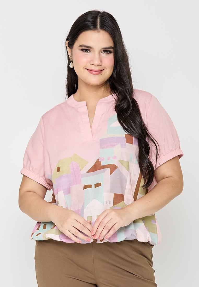 Milly Plus Size Isolde Printed Top with Gartered Sleeves