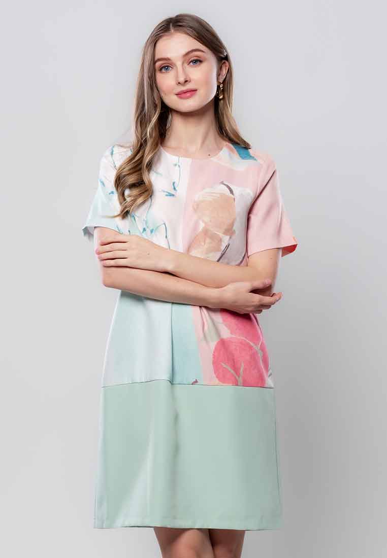 Vieanna Graphic Floral Shift Dress with Plain Hem Combination