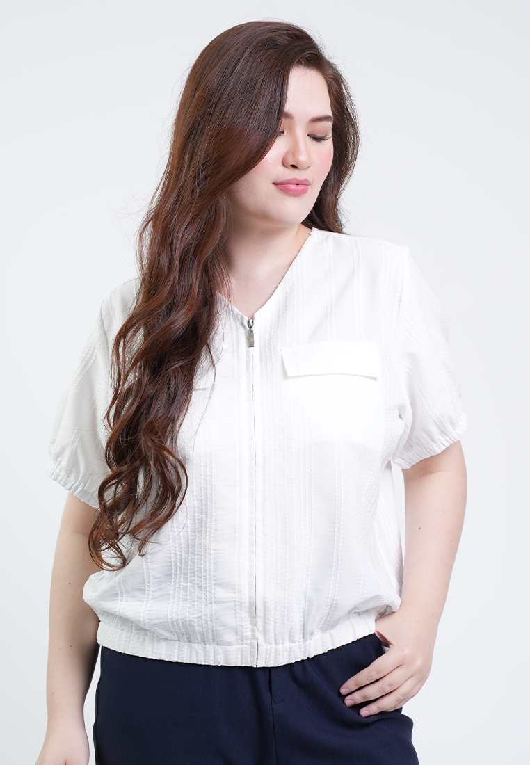 Milly Plus Size Hannah Zip-Front Short Sleeve Blouse