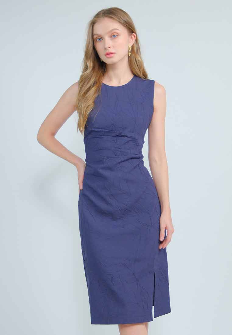 Aurenya Textured Sleeveless Dress with Pleated Waist Detail