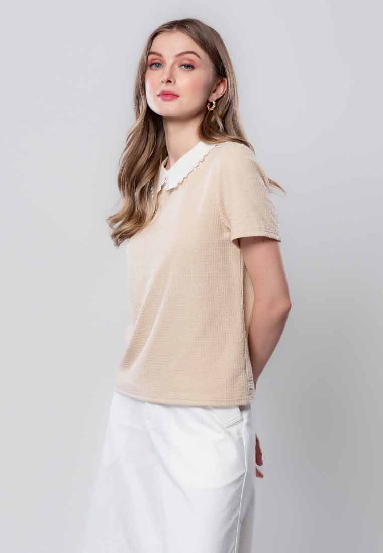 Isabeau Textured Knit Top with Lace Trim on Collar