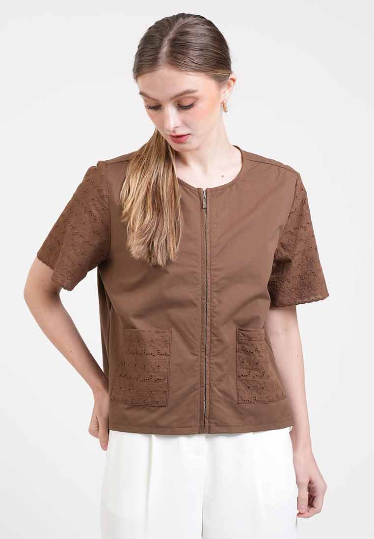 Georgina Eyelet Accent Zip-Up Top