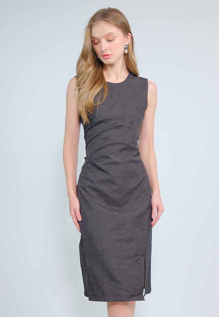 Aurenya Textured Sleeveless Dress with Pleated Waist Detail