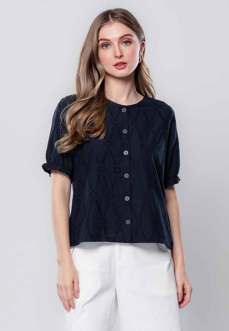 Ianthe Button-down Eyelet Top with Puff Sleeves