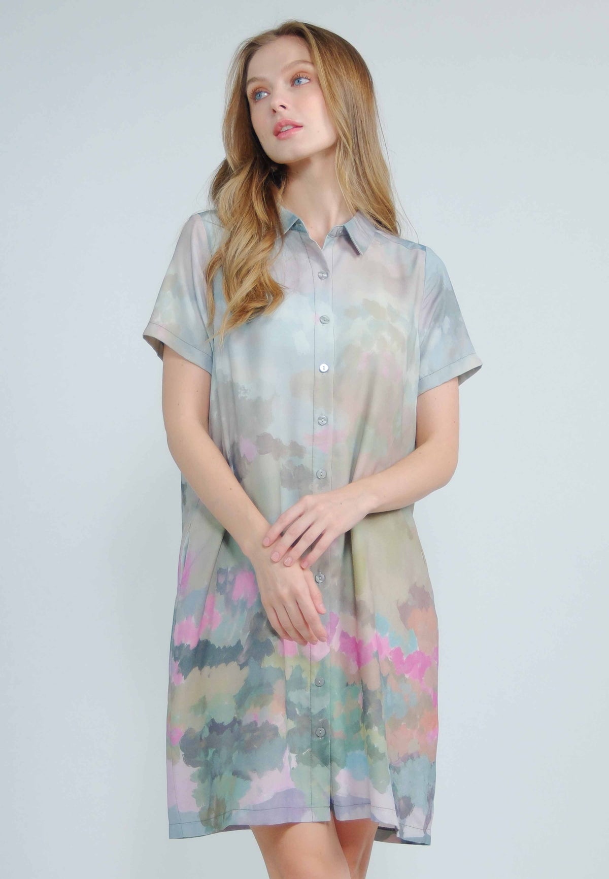 Nyari Collared Button-down Shift Dress in Abstract Nature Print