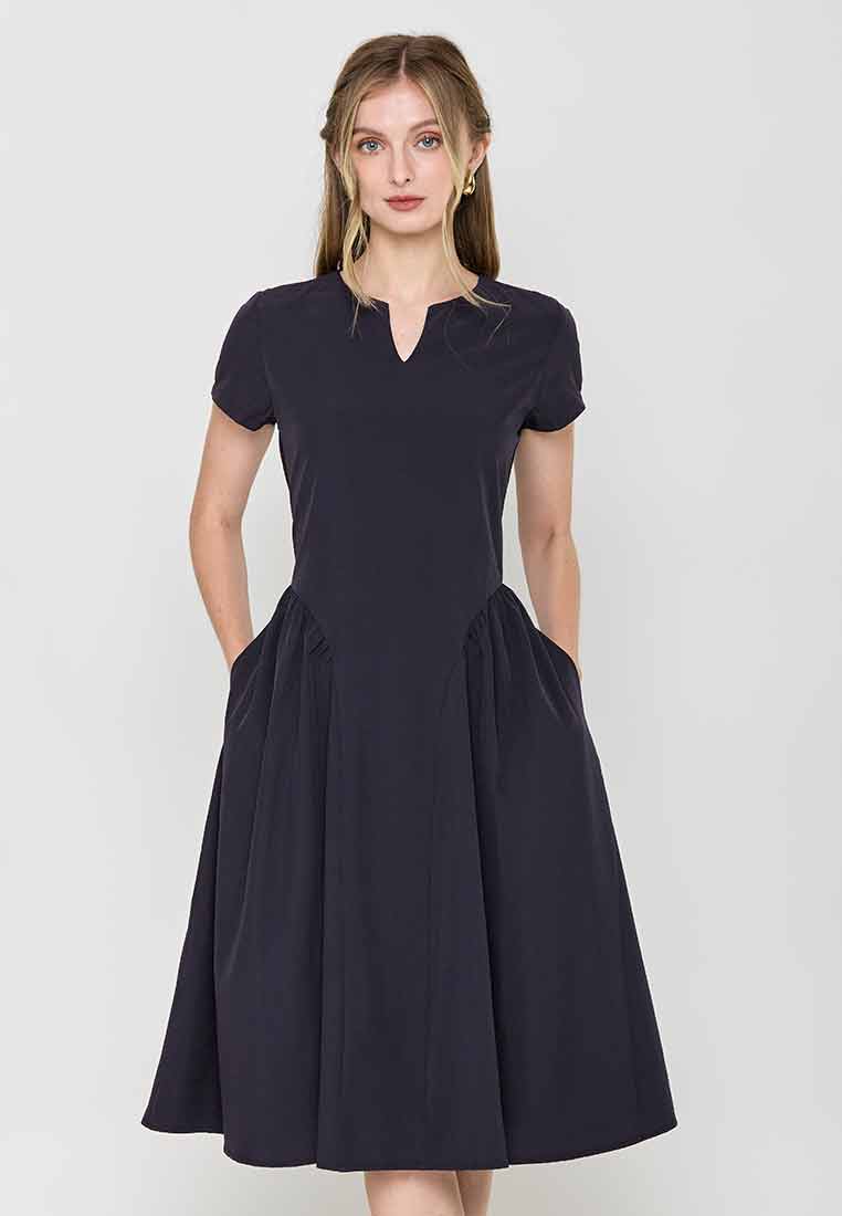 Jazmin Short Sleeves A-Line Dress with Pleats