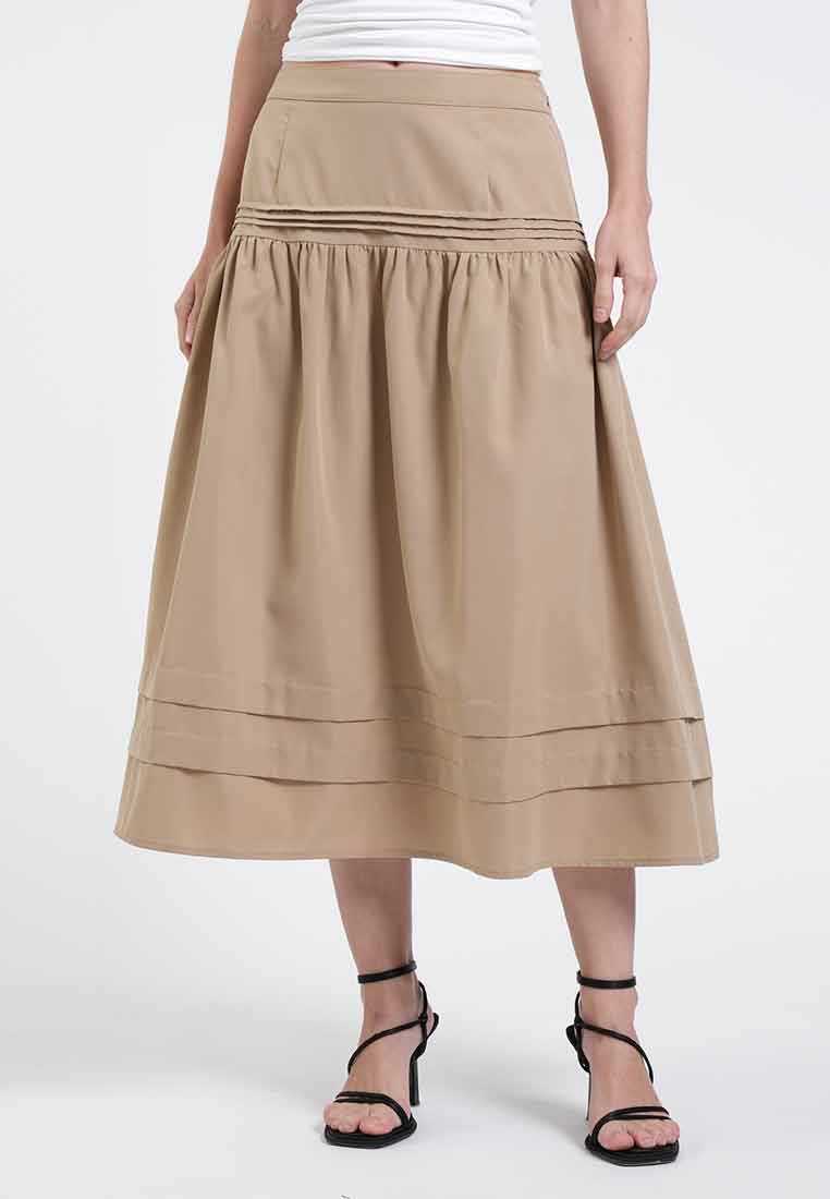 Kira Pin Tuck Midi Drop-Waist Skirt