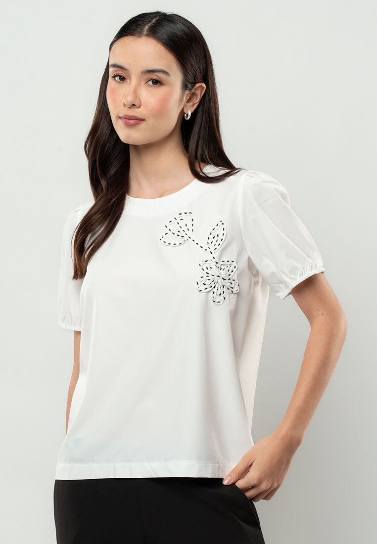 Jenna Floral Appliqué Puff Sleeve Top