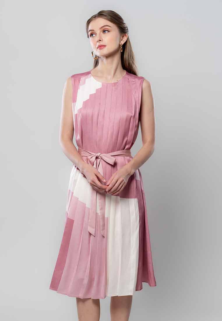 Virelle Pleated Shift Sleeveless Dress with Adjustable Belt
