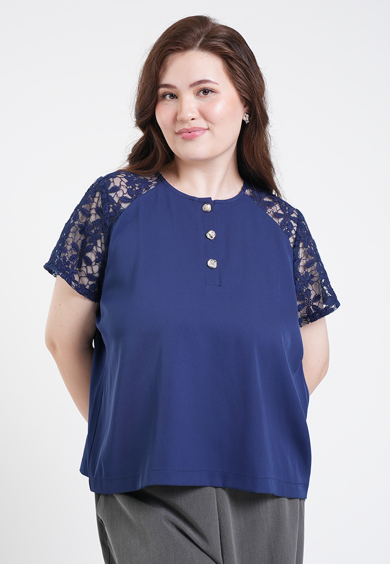 Milly Plus Size Celina Lace Sleeve Collared Top