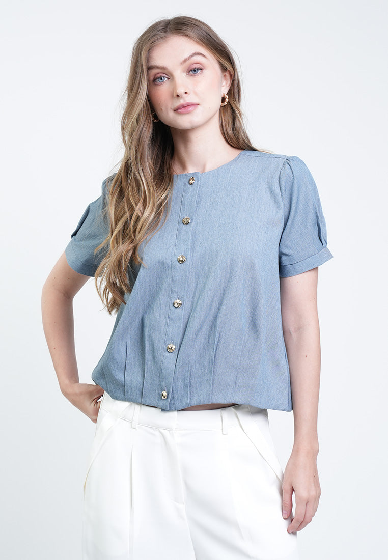 Harlene Button-Front Chambray Top