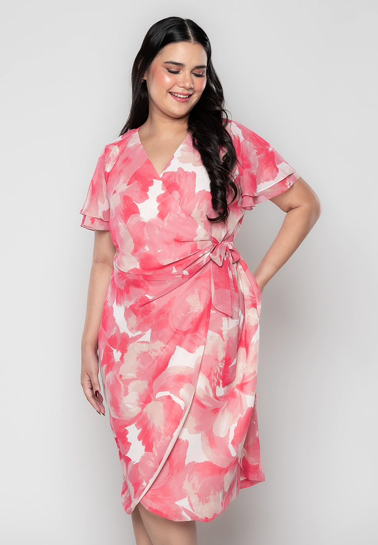 Milly Plus Size Martine Full Floral Digital Wrap Dress with Gathered Detail