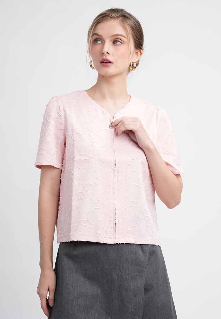 Sola Textured Zip-Front Blouse with Puff Sleeves