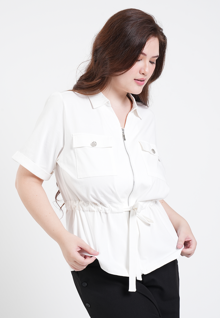 Milly Plus Size Callista Zip-Front Drawstring Flap Pocket Blouse