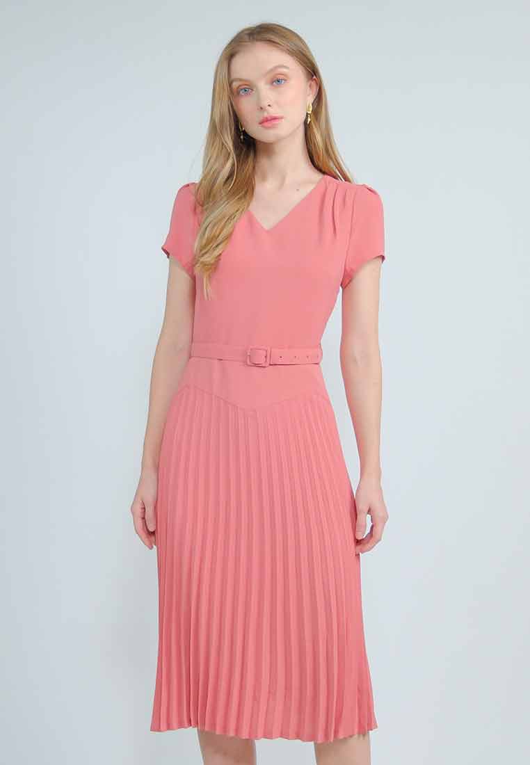 Amethyst V-neck Dress with Pleated Skirt and Adjustable Belt