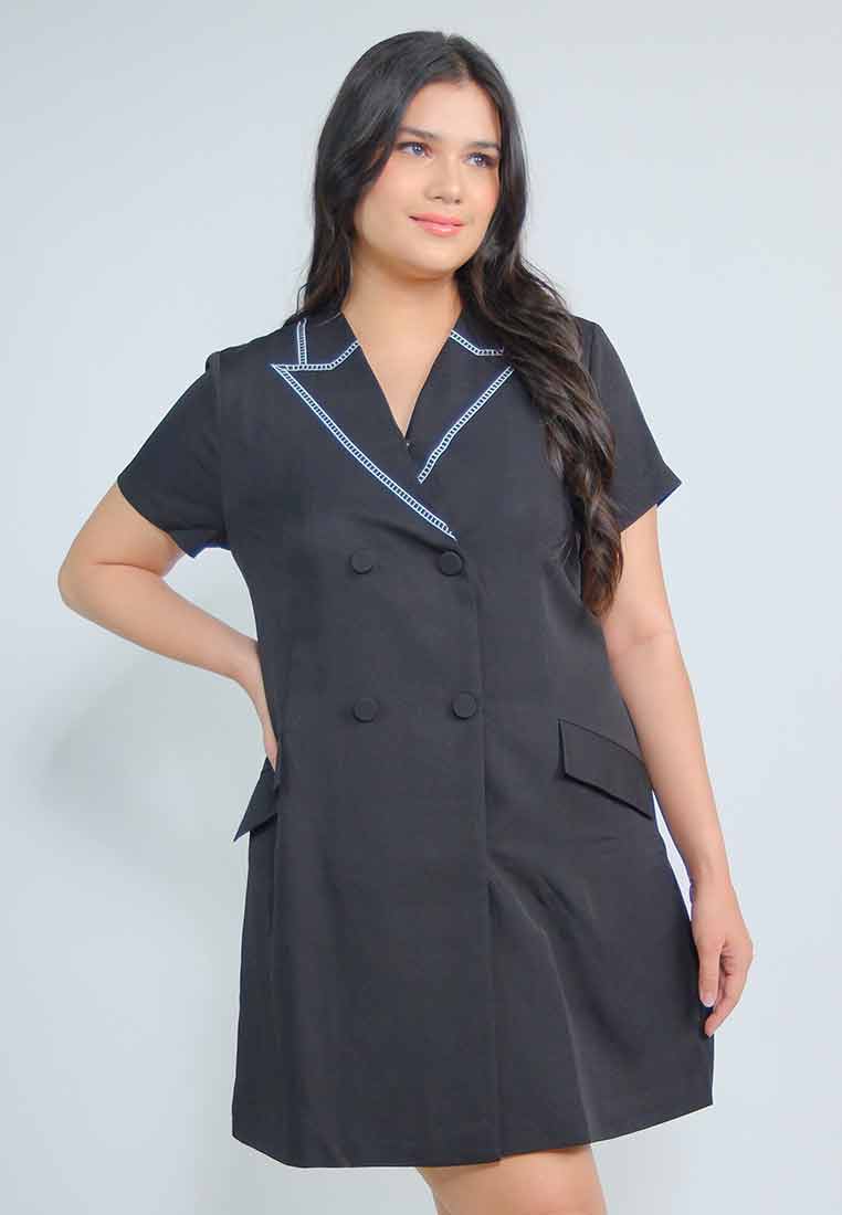 Milly Plus Size Craya Double-Breasted Shift Dress with Fake Collar Embroidery