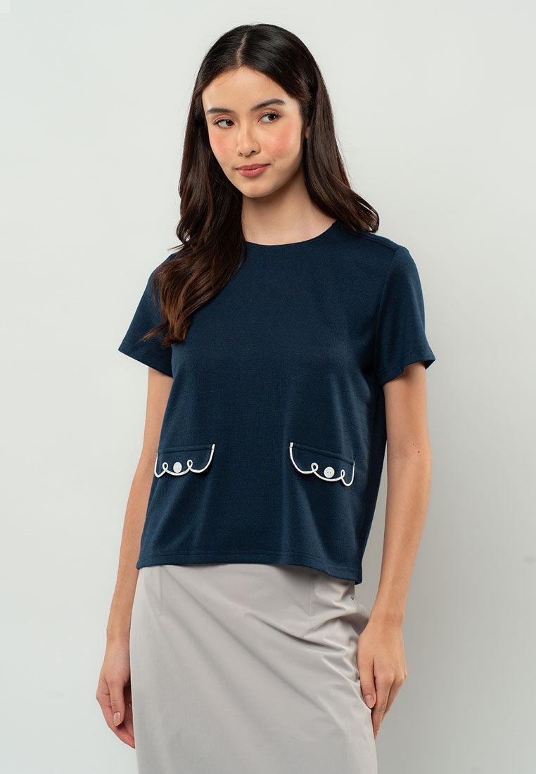 Audrey Scallop-Trim Pocket Knit Top