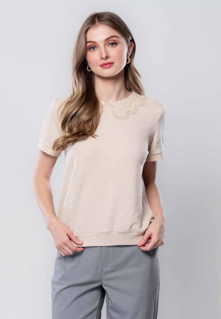 Calielle Knitted Top with Lace Collar and Scalloped Sleeve Ribbing