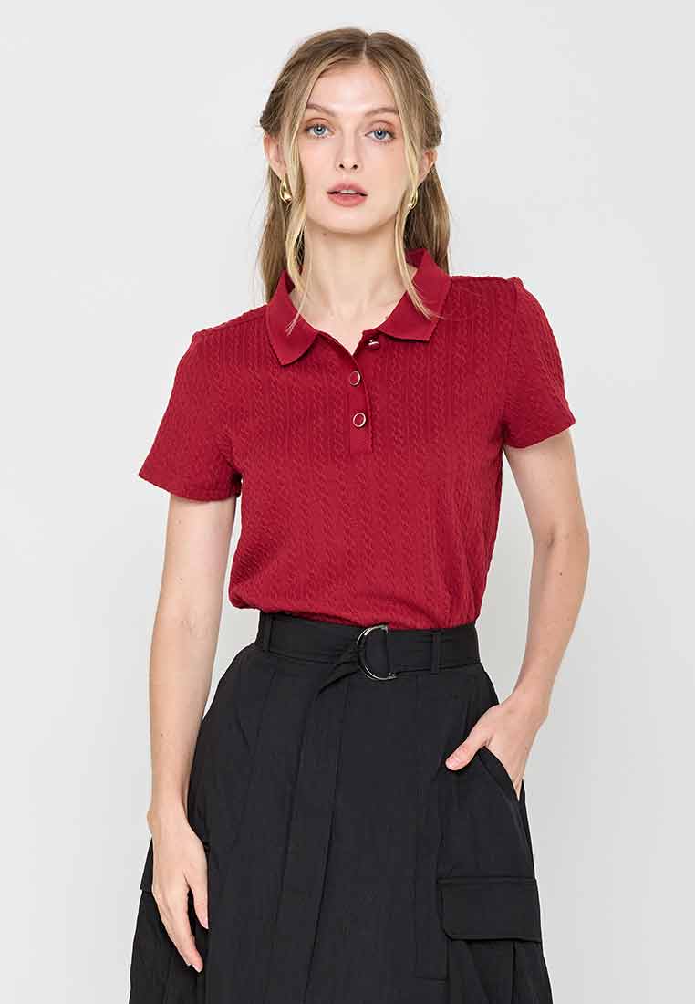 Milena Collared Textured Knit Top with Button Front Opening