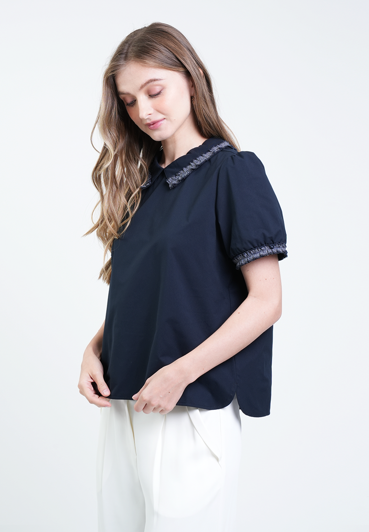 Solana Tweed-Trimmed Collared Blouse